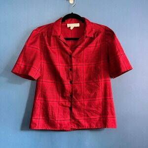 Vintage‎ 1970s Blouse Women's Size 10 Red Black Plaid Collared Pleated Mod Twee
